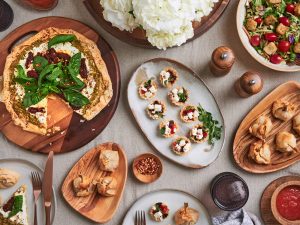 Dinner Tablescape with phyllo pizza, phyllo shells and phyllo meatballs