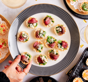 Plate of Mini Steak and Blue Phyllo Shells from Athens Holiday Entertaining Guide